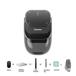 Black electronic device with 'Cheerdata' branding on a white background, featuring icons of a mouse, wireless touchpad, laser presenter, recording pen, and ChatGPT symbol.